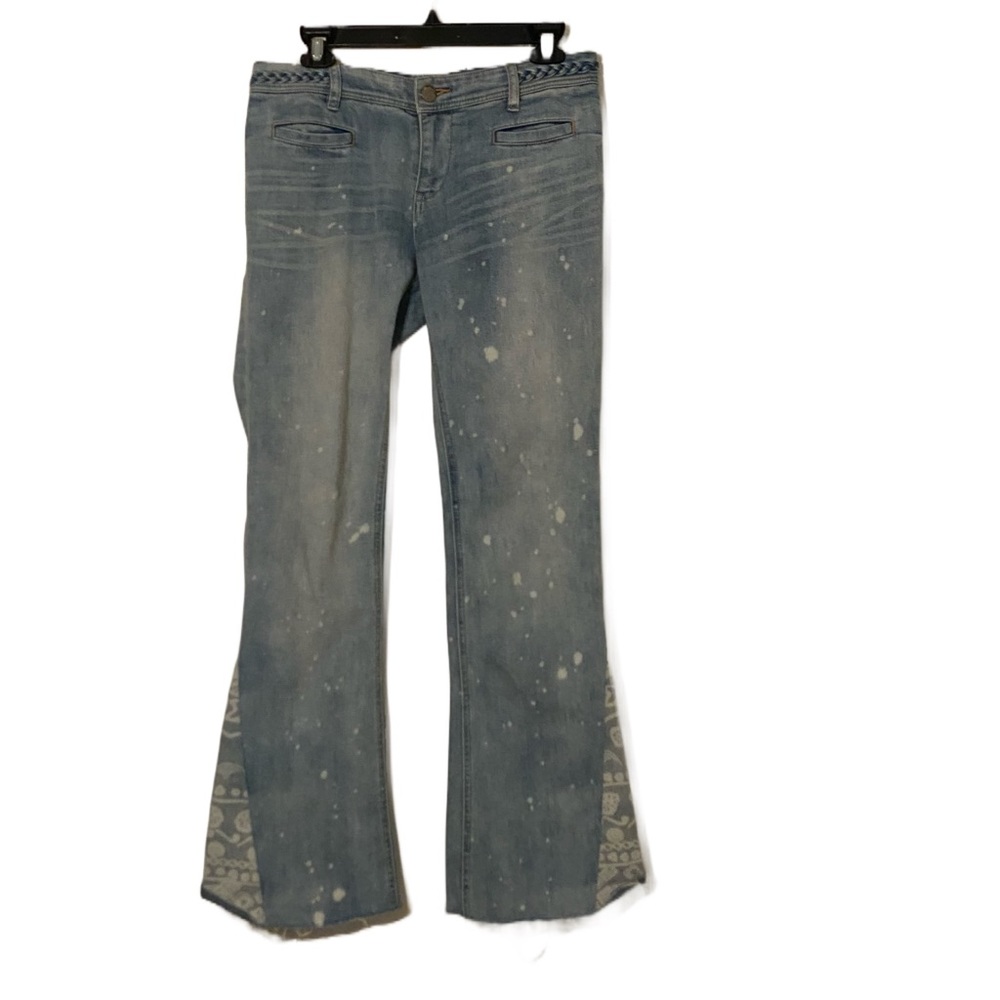 Free People Blue Distressed Flared Jeans with Printed Insets